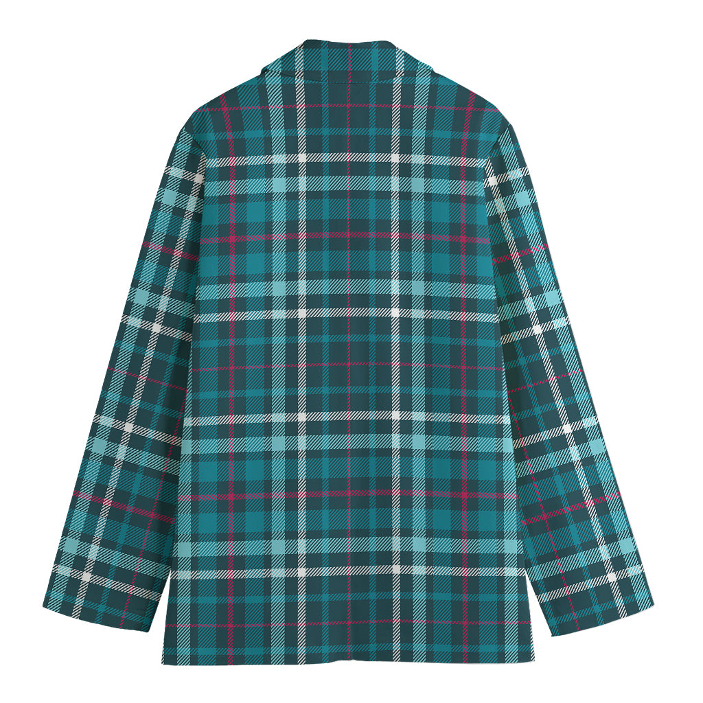 Teal Plaid Pattern Print Women's Cotton Blazer