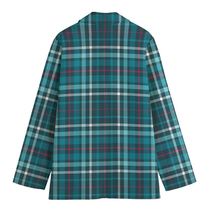 Teal Plaid Pattern Print Women's Cotton Blazer