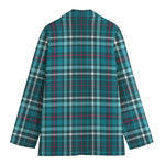 Teal Plaid Pattern Print Women's Cotton Blazer