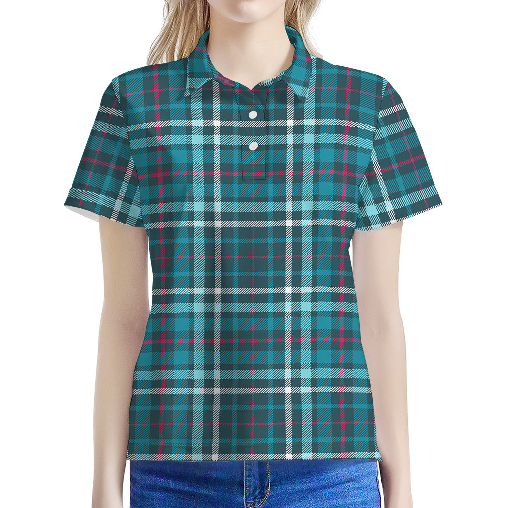 Teal Plaid Pattern Print Women's Polo Shirt