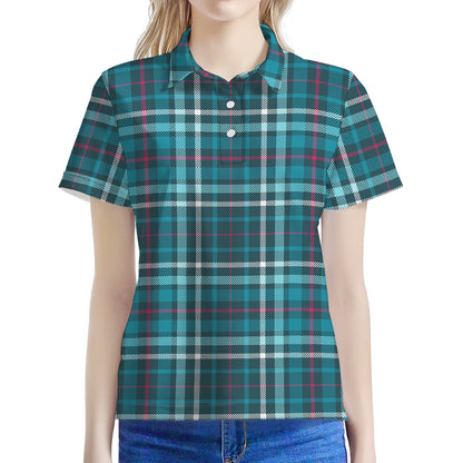 Teal Plaid Pattern Print Women's Polo Shirt