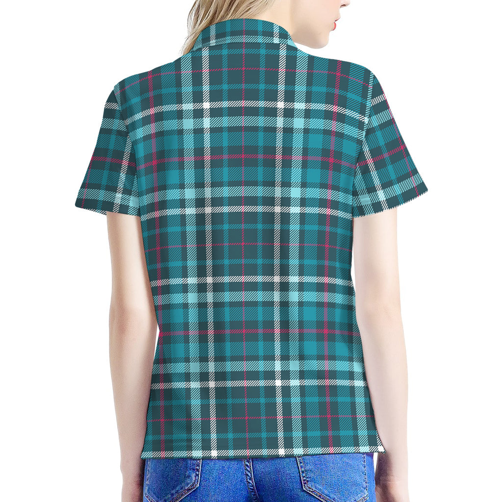 Teal Plaid Pattern Print Women's Polo Shirt