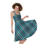 Teal Plaid Pattern Print Women's Sleeveless Dress