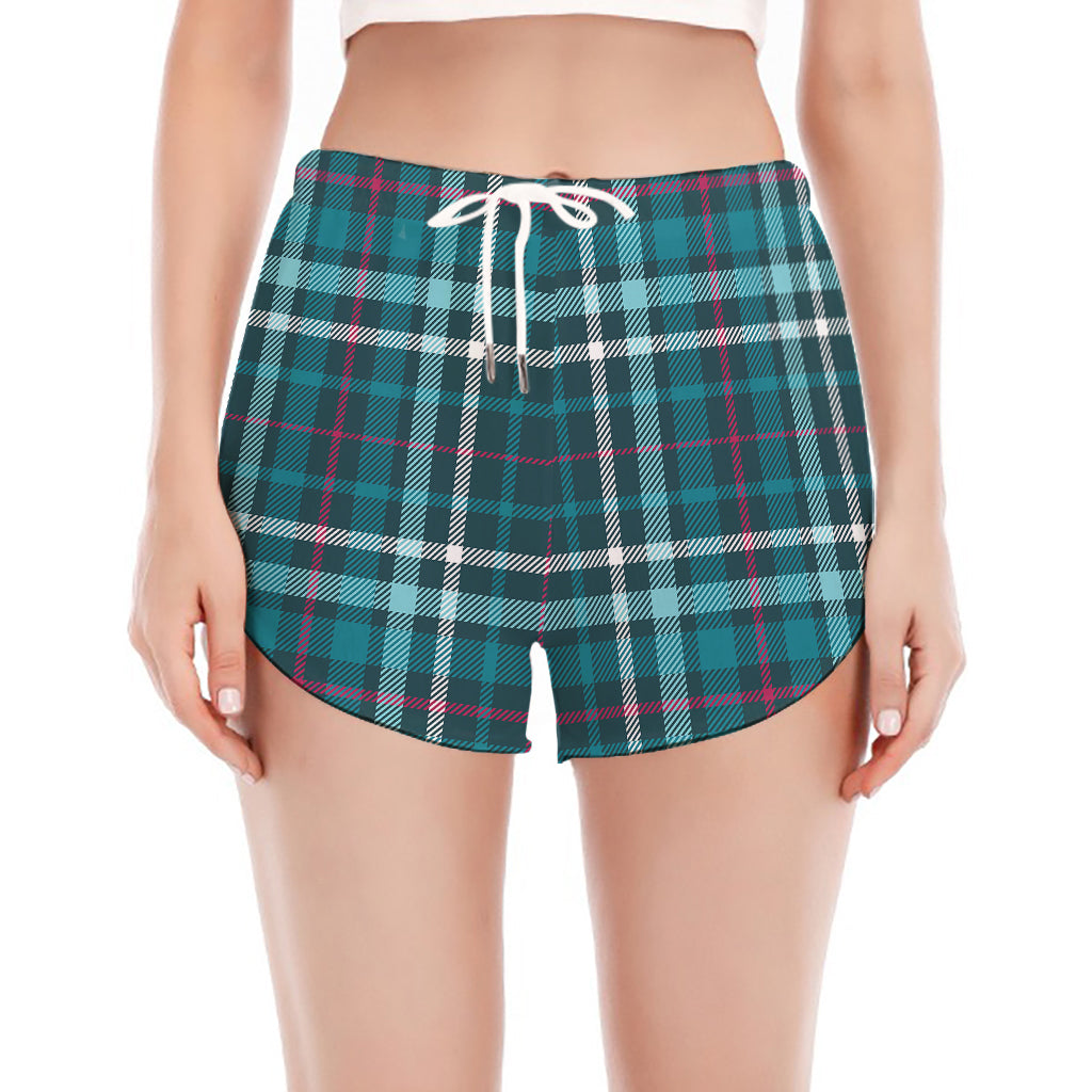Teal Plaid Pattern Print Women's Split Running Shorts