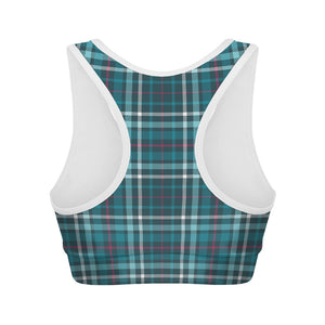 Teal Plaid Pattern Print Women's Sports Bra