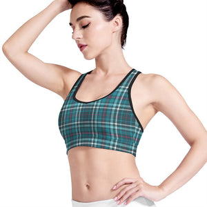 Teal Plaid Pattern Print Women's Sports Bra