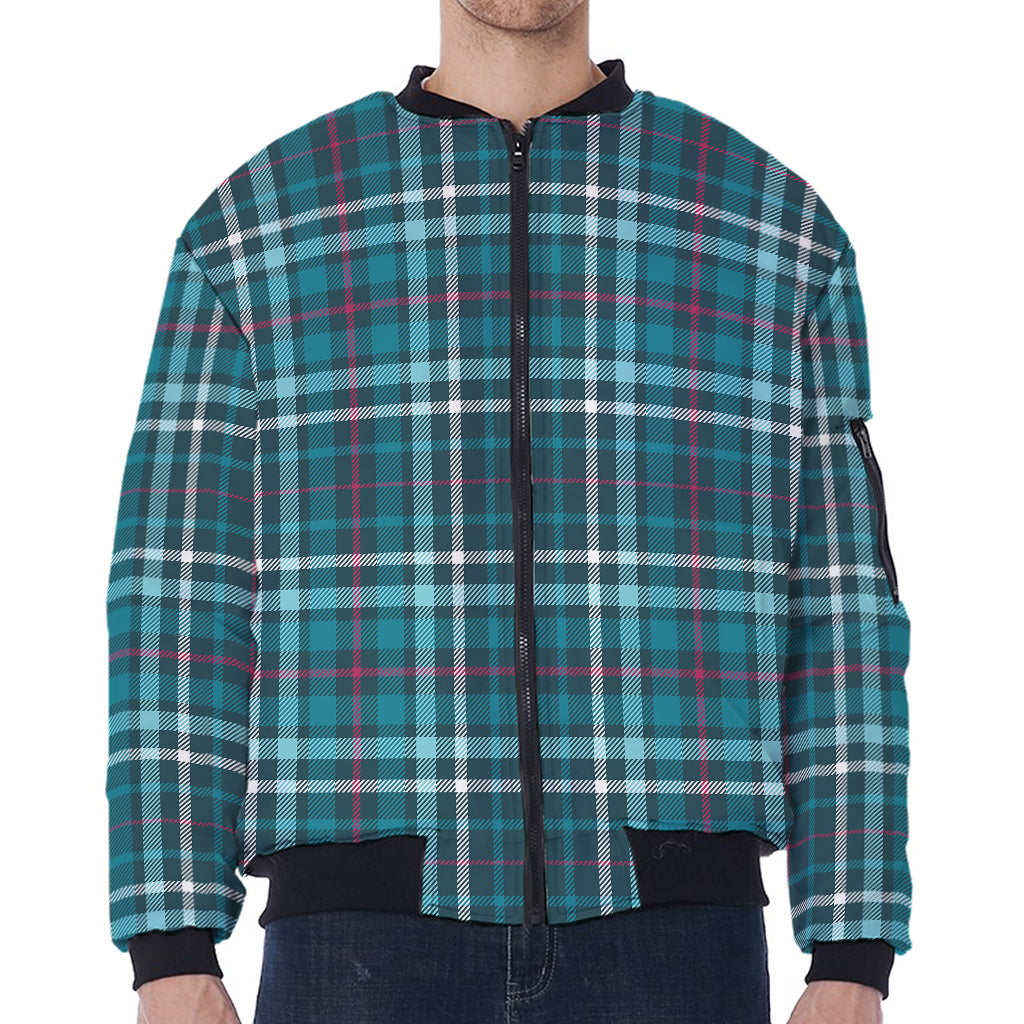 Teal Plaid Pattern Print Zip Sleeve Bomber Jacket