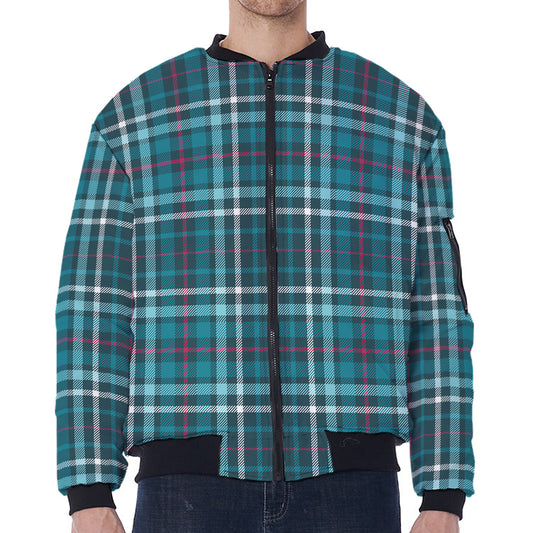 Teal Plaid Pattern Print Zip Sleeve Bomber Jacket