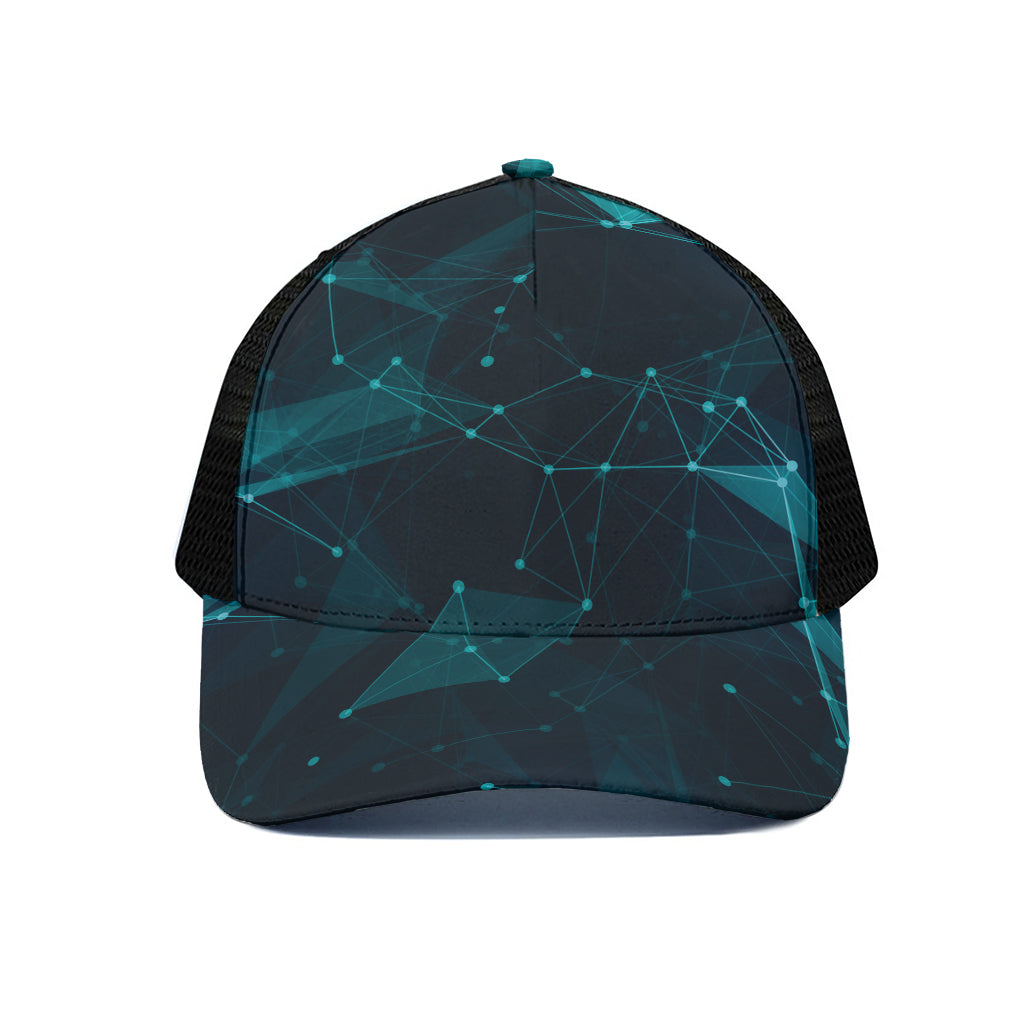 Teal Polygonal Dot Geometric Print Black Mesh Trucker Cap