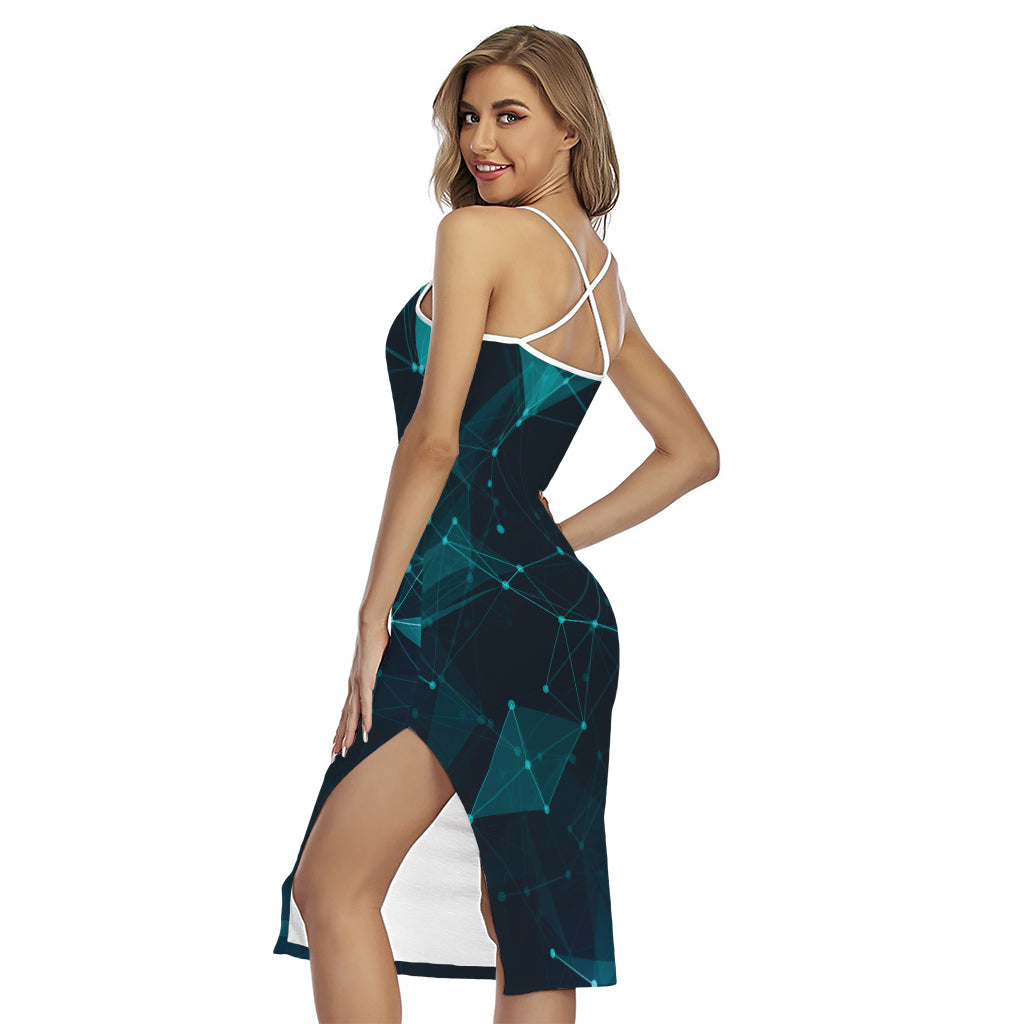 Teal Polygonal Dot Geometric Print Cross Back Cami Dress