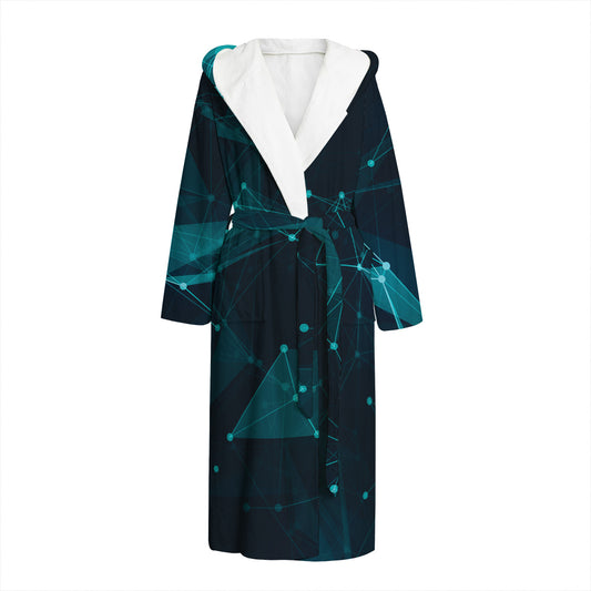 Teal Polygonal Dot Geometric Print Hooded Bathrobe