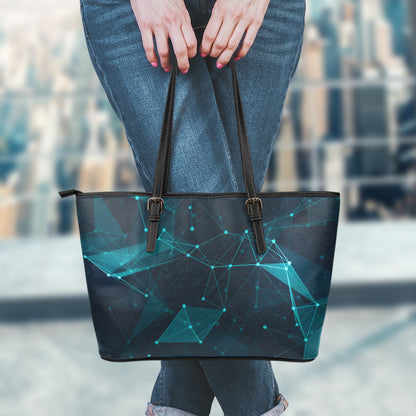 Teal Polygonal Dot Geometric Print Leather Tote Bag
