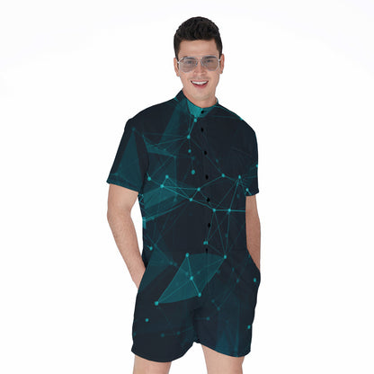 Teal Polygonal Dot Geometric Print Men's Rompers