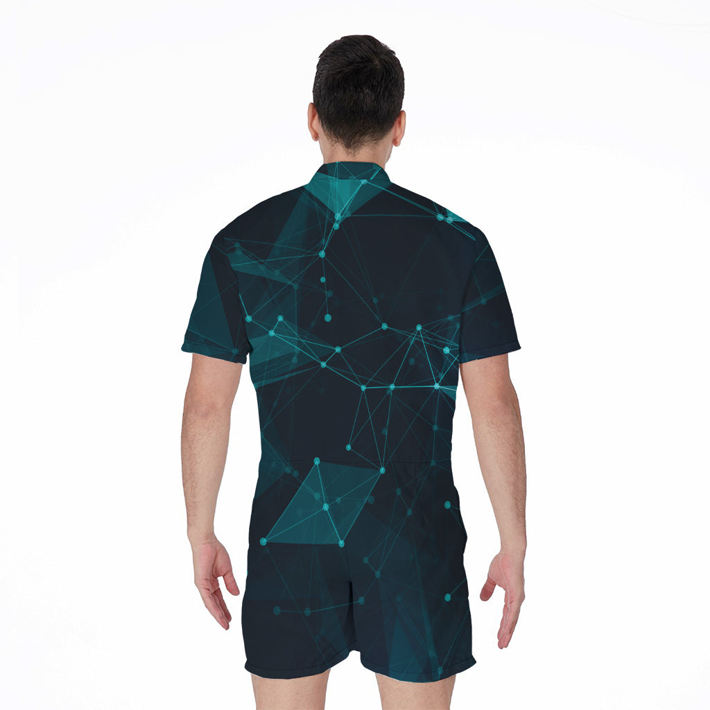 Teal Polygonal Dot Geometric Print Men's Rompers