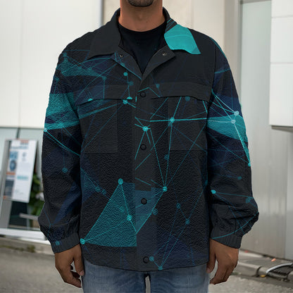 Teal Polygonal Dot Geometric Print Men's Shirt Jacket