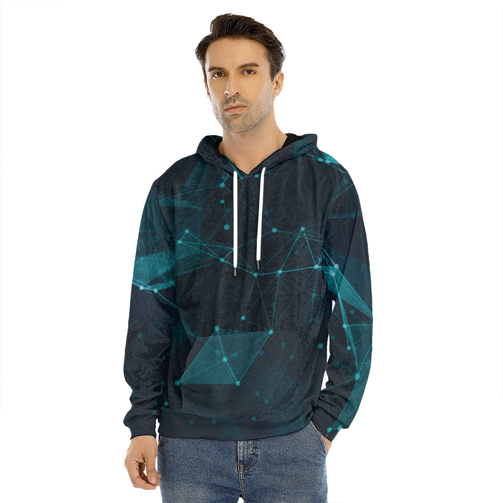 Teal Polygonal Dot Geometric Print Men's Velvet Pullover Hoodie