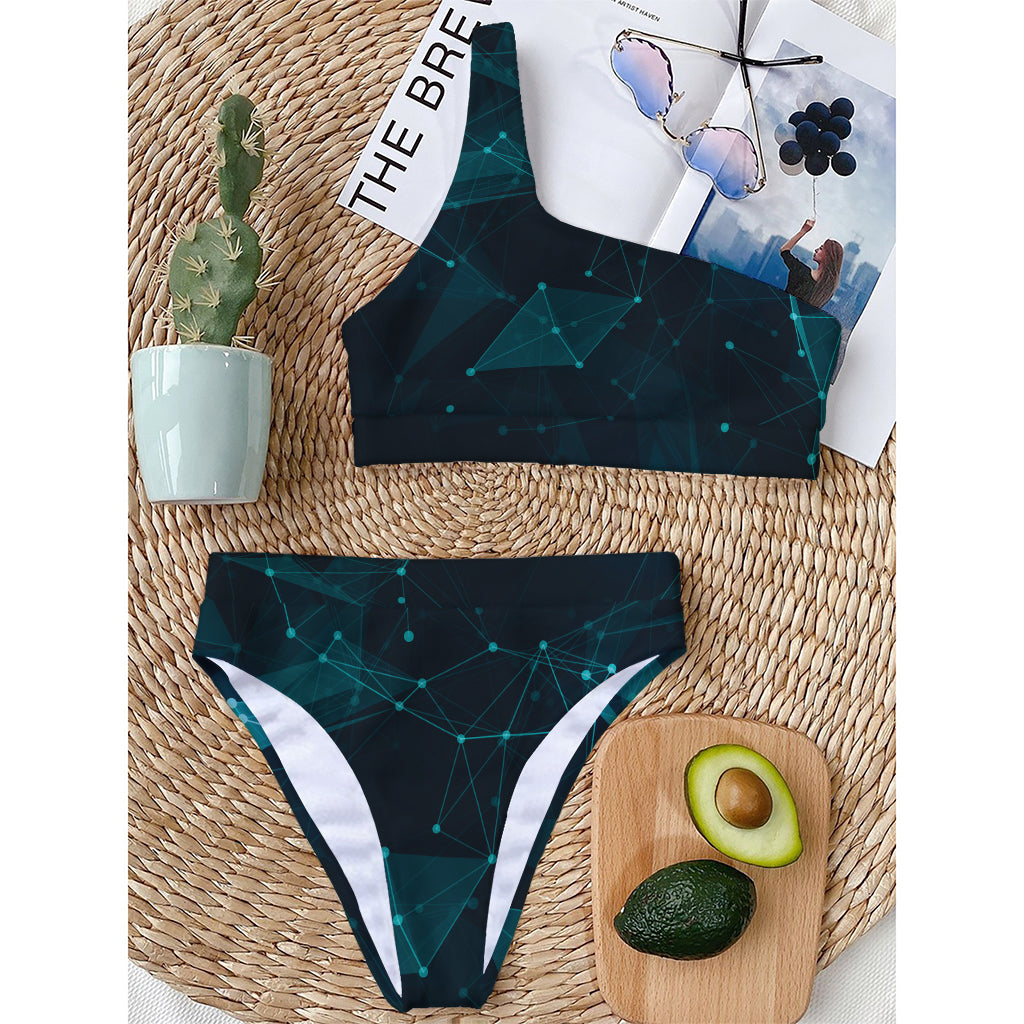 Teal Polygonal Dot Geometric Print One Shoulder Bikini Top