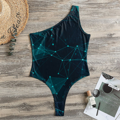 Teal Polygonal Dot Geometric Print One Shoulder Bodysuit
