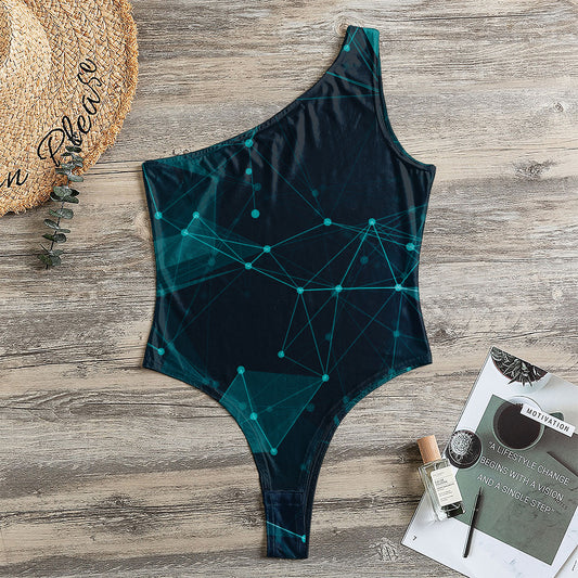 Teal Polygonal Dot Geometric Print One Shoulder Bodysuit