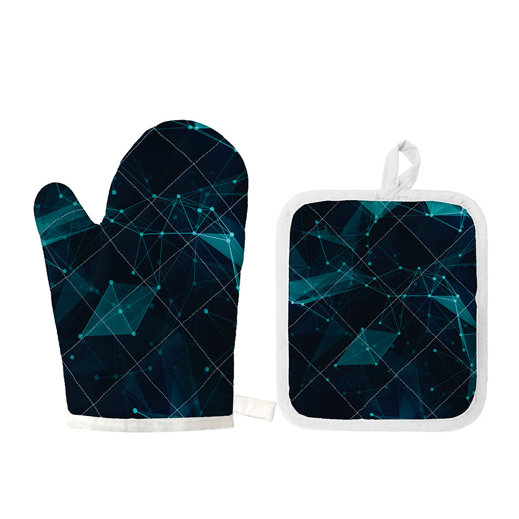 Teal Polygonal Dot Geometric Print Oven Mitt And Pot Holder Set