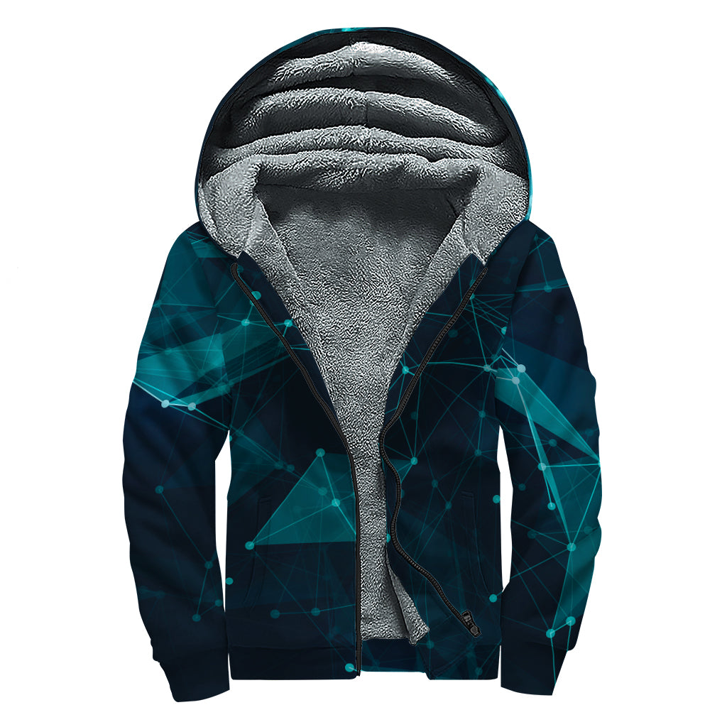 Teal Polygonal Dot Geometric Print Sherpa Lined Zip Up Hoodie