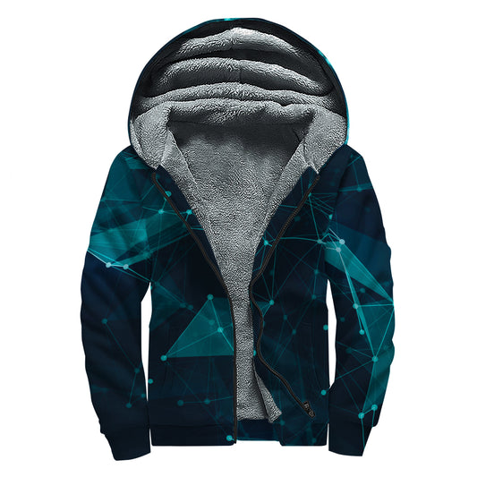 Teal Polygonal Dot Geometric Print Sherpa Lined Zip Up Hoodie