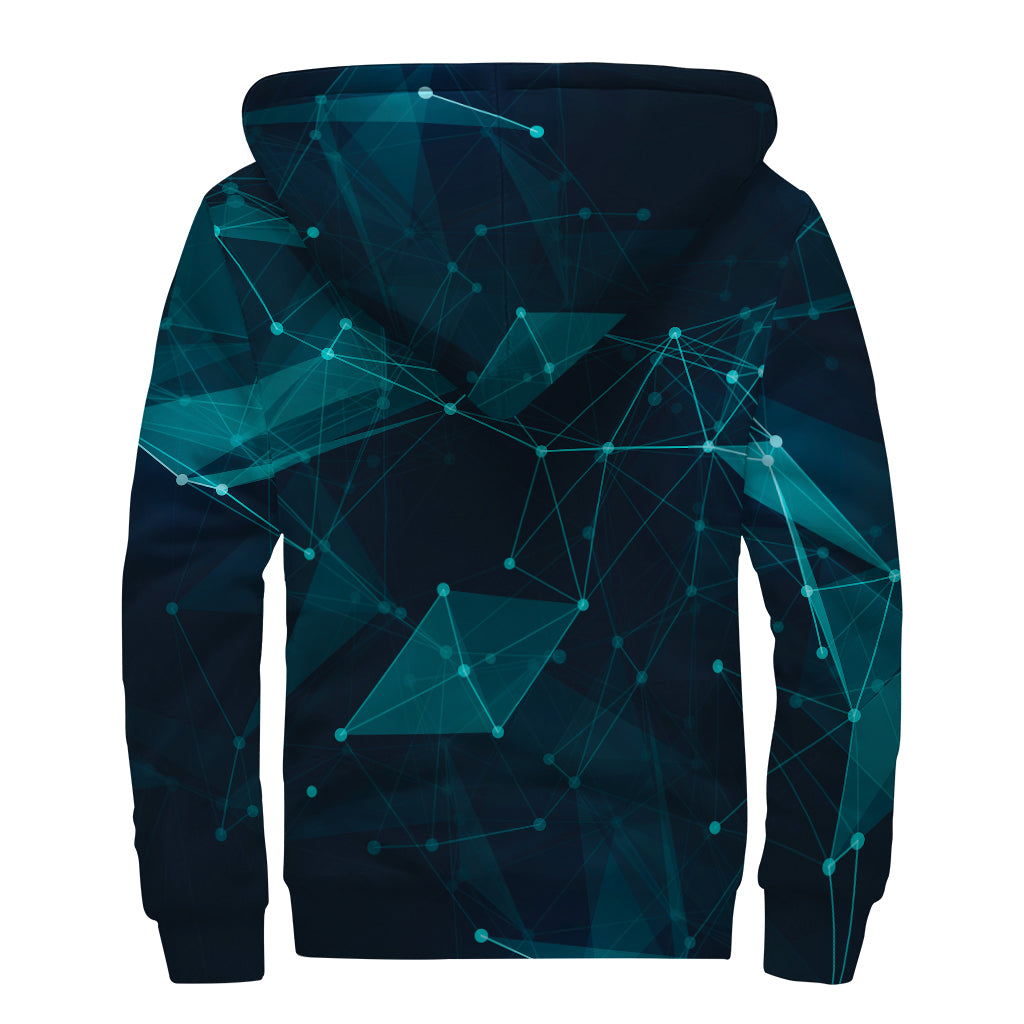 Teal Polygonal Dot Geometric Print Sherpa Lined Zip Up Hoodie
