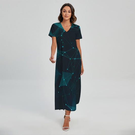 Teal Polygonal Dot Geometric Print Short Sleeve Maxi Dress