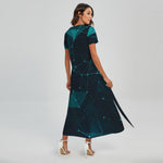 Teal Polygonal Dot Geometric Print Short Sleeve Maxi Dress