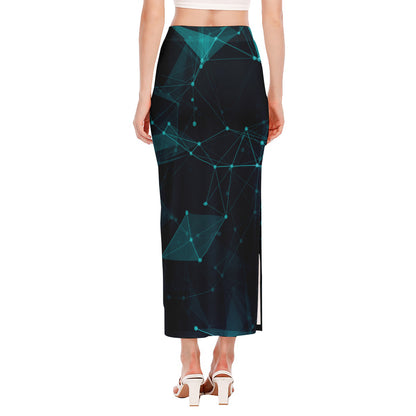 Teal Polygonal Dot Geometric Print Side Slit Maxi Skirt