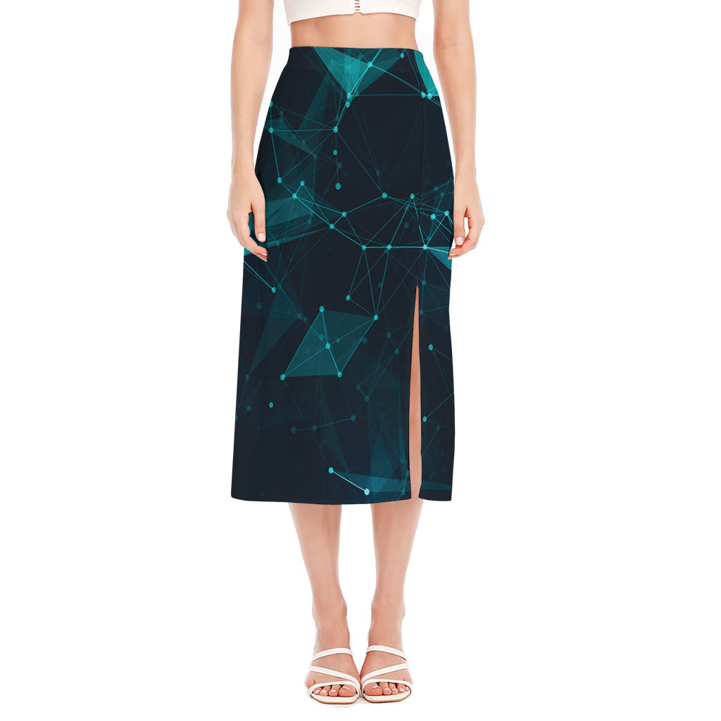 Teal Polygonal Dot Geometric Print Side Slit Midi Skirt