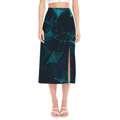 Teal Polygonal Dot Geometric Print Side Slit Midi Skirt