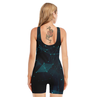 Teal Polygonal Dot Geometric Print Sleeveless One Piece Swimsuit