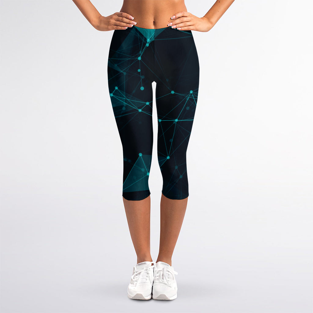 Teal Polygonal Dot Geometric Print Women's Capri Leggings