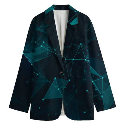 Teal Polygonal Dot Geometric Print Women's Cotton Blazer