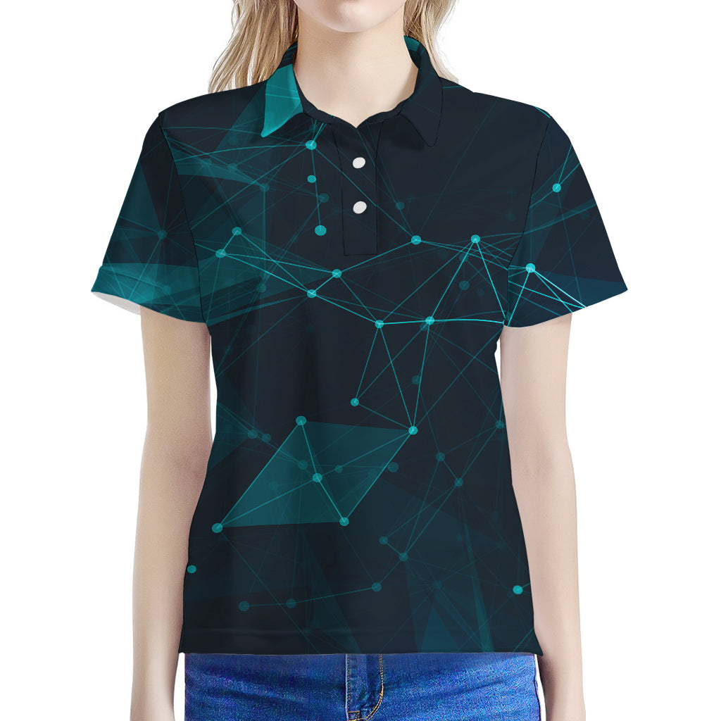 Teal Polygonal Dot Geometric Print Women's Polo Shirt