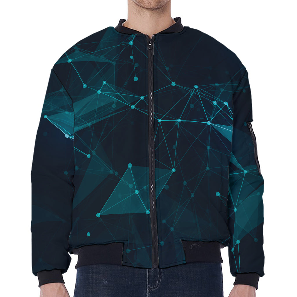 Teal Polygonal Dot Geometric Print Zip Sleeve Bomber Jacket