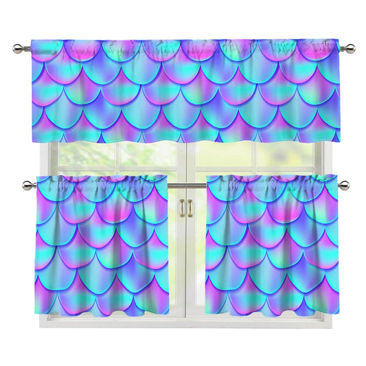 Teal Purple Mermaid Scales Pattern Print 3 Piece Kitchen Curtains