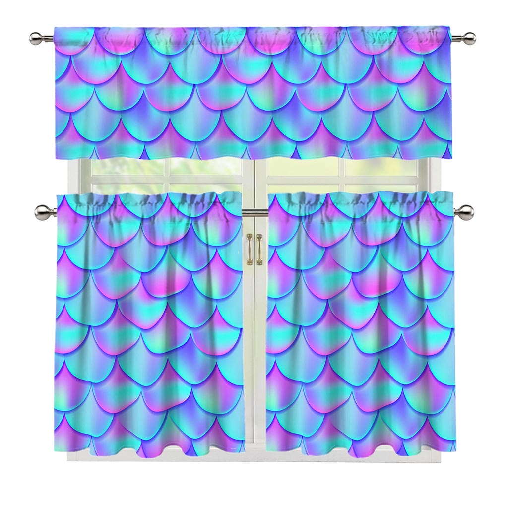 Teal Purple Mermaid Scales Pattern Print 3 Piece Kitchen Curtains