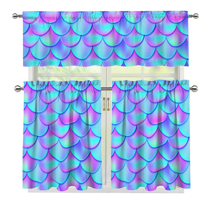 Teal Purple Mermaid Scales Pattern Print 3 Piece Kitchen Curtains