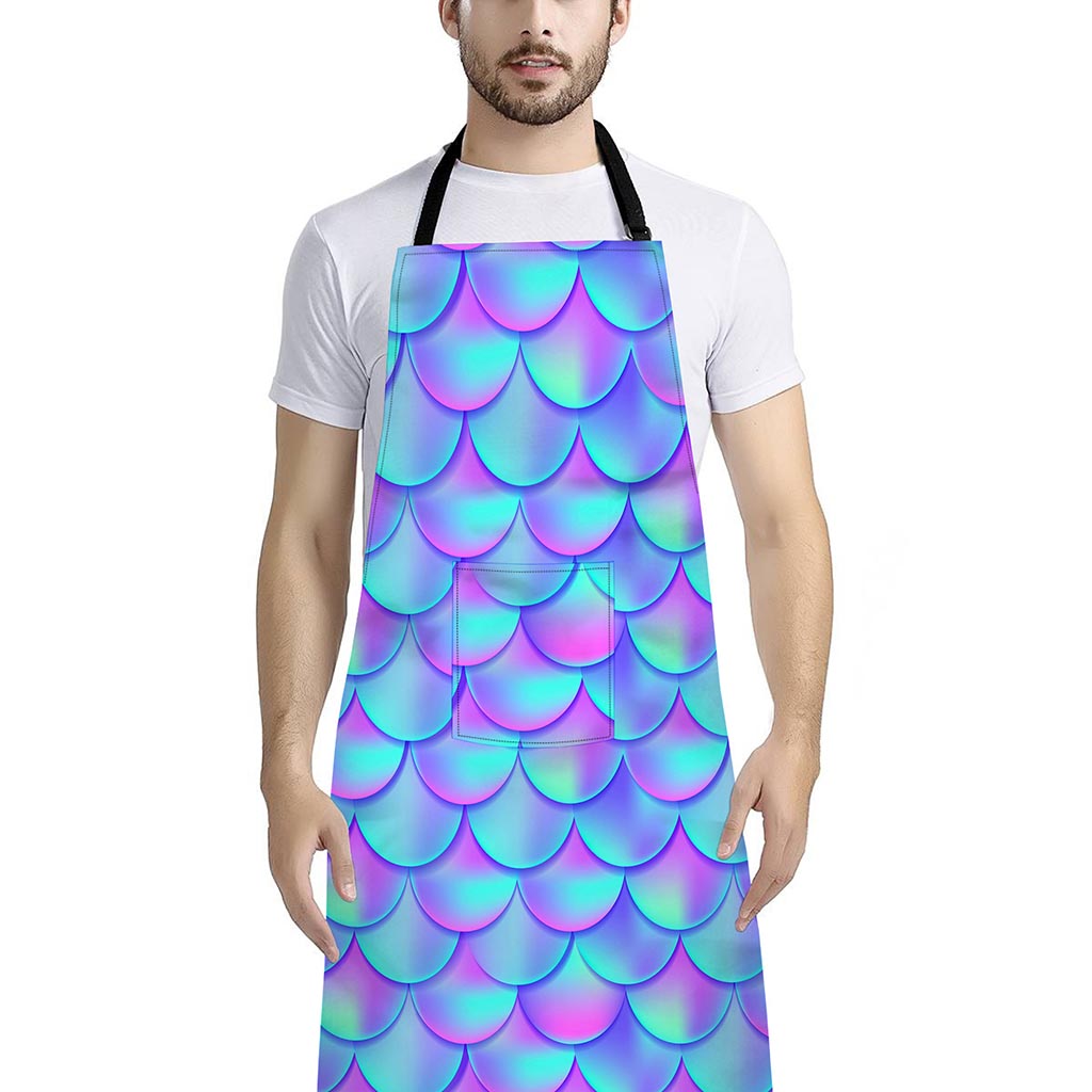 Teal Purple Mermaid Scales Pattern Print Bib Apron With Pocket
