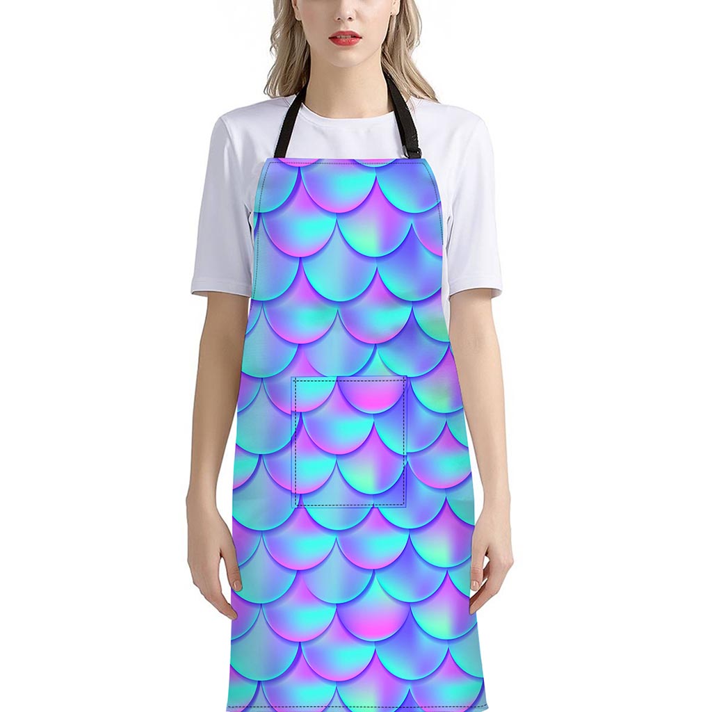 Teal Purple Mermaid Scales Pattern Print Bib Apron With Pocket