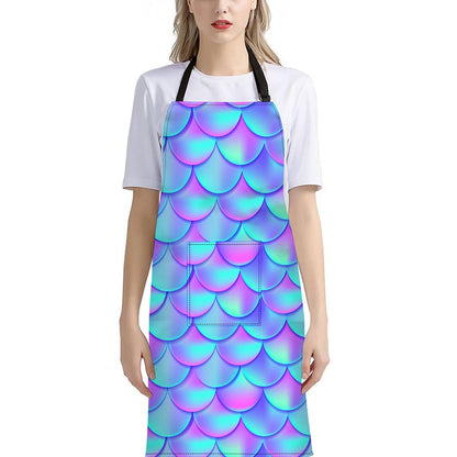 Teal Purple Mermaid Scales Pattern Print Bib Apron With Pocket