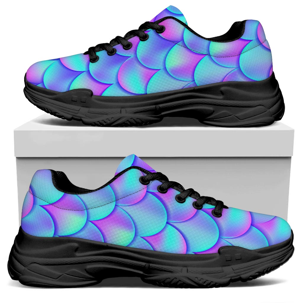 Teal Purple Mermaid Scales Pattern Print Black Chunky Shoes
