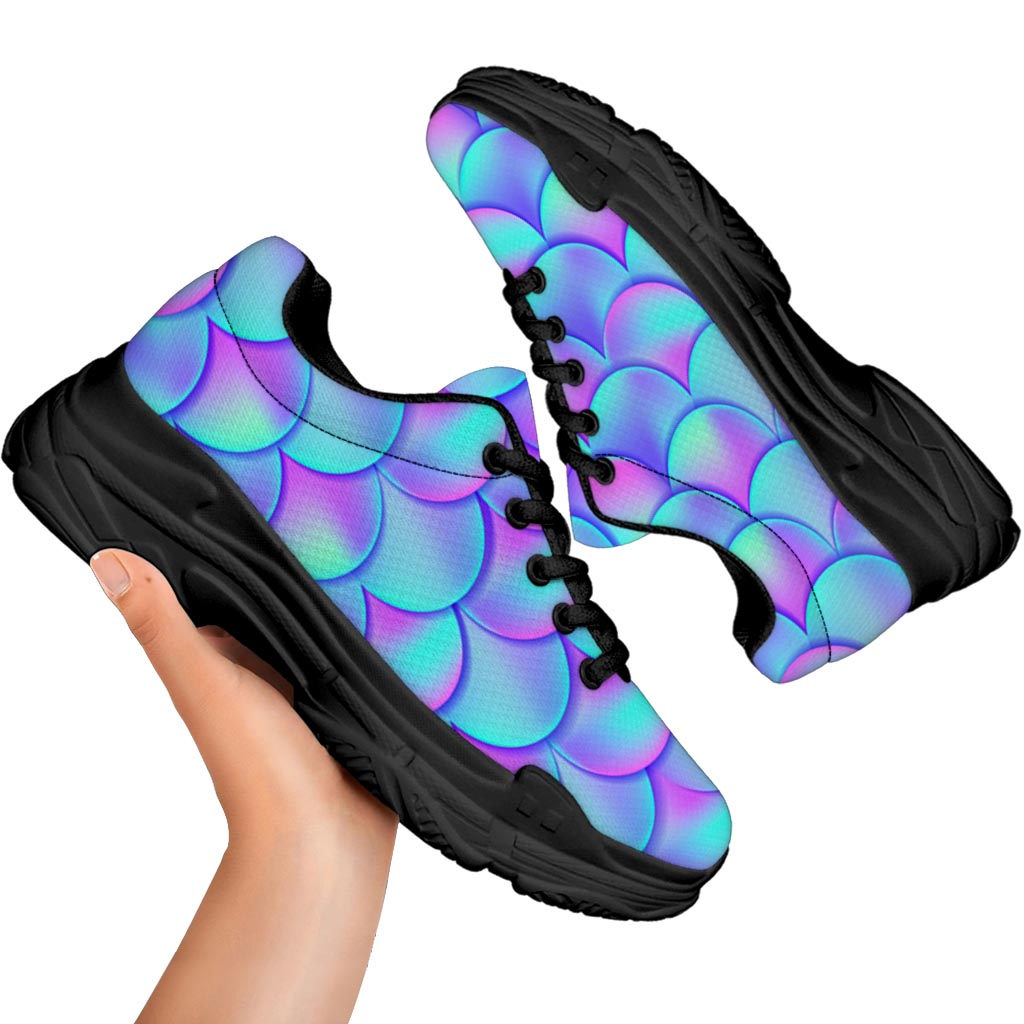 Teal Purple Mermaid Scales Pattern Print Black Chunky Shoes