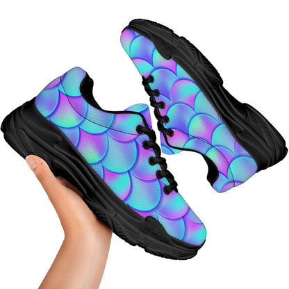 Teal Purple Mermaid Scales Pattern Print Black Chunky Shoes