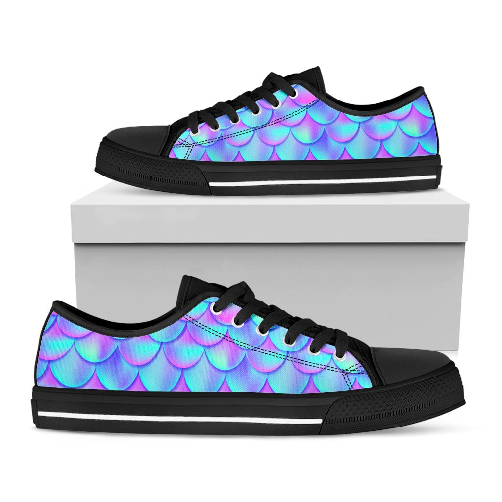 Teal Purple Mermaid Scales Pattern Print Black Low Top Sneakers