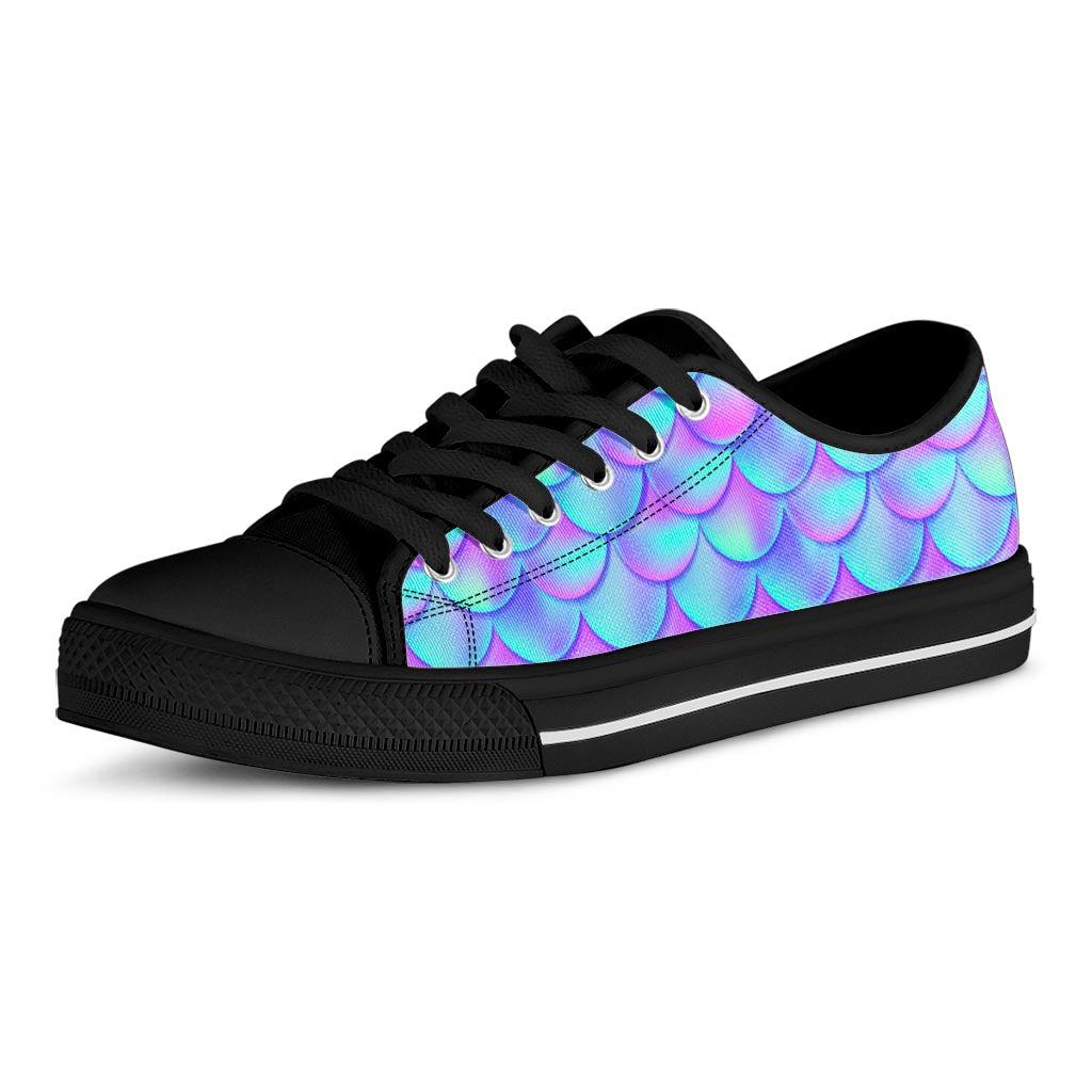 Teal Purple Mermaid Scales Pattern Print Black Low Top Sneakers