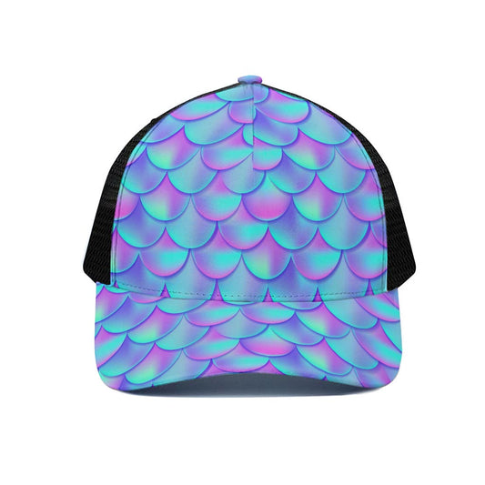 Teal Purple Mermaid Scales Pattern Print Black Mesh Trucker Cap