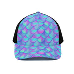 Teal Purple Mermaid Scales Pattern Print Black Mesh Trucker Cap
